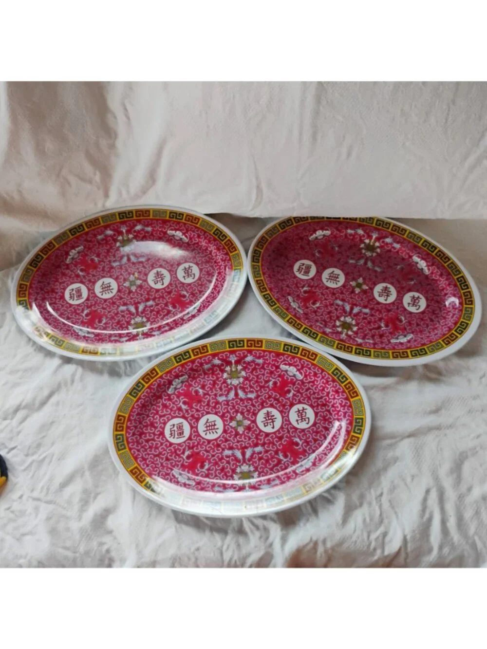 Set Of 3 Vtg Chinese Longevity Pattern Melamine Oval Platters 14